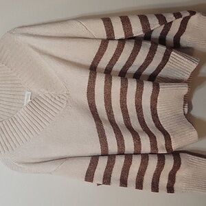 SUGAR MOON Brown And Beige  Striped V NECK Long Sleeve Sweater Size M